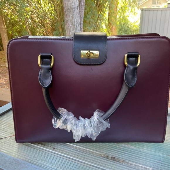 J. Crew Edie Colorblock Attaché leather handbag/ shoulder bag, merlot and black - Picture 2 of 11